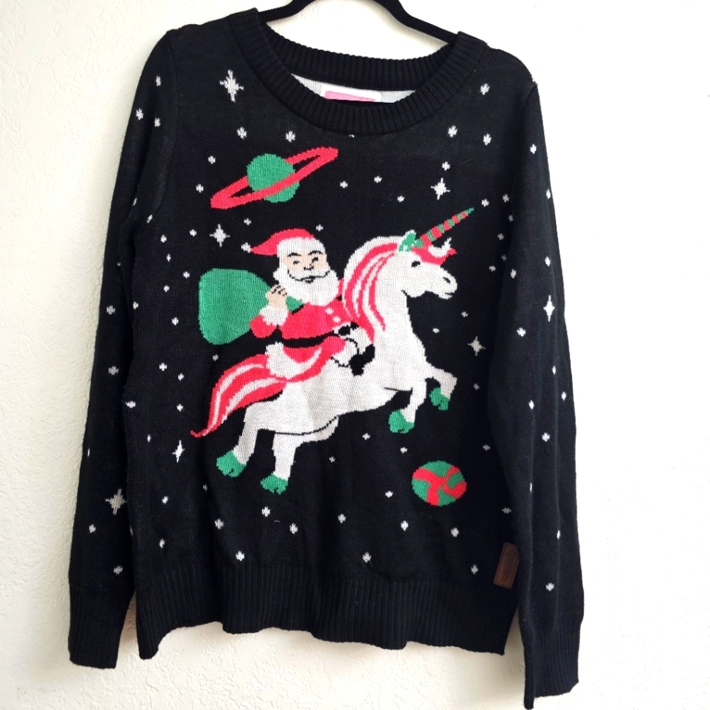 Tipsy elves santa riding unicorn in space pullover ugly sweater large